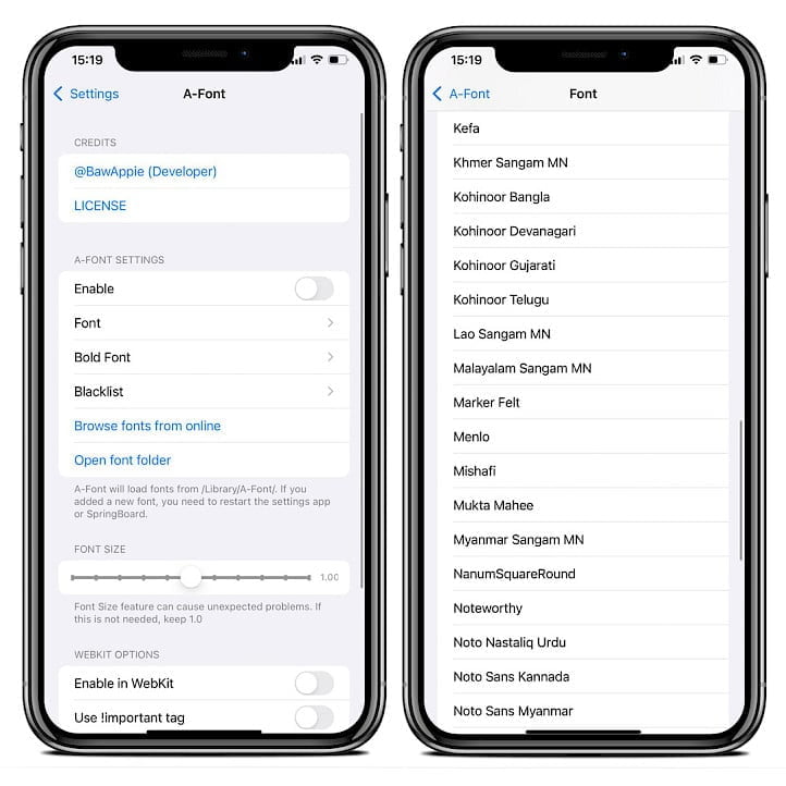 Two iPhone screens showing A-Font tweak preference pane running on iOS 15 jailbreak.