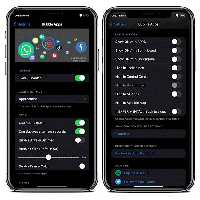 Bubble Apps tweak Settings screenshot.