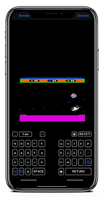 iPhone screen showing Choplifter running in ActiveGS emulator on iOS.