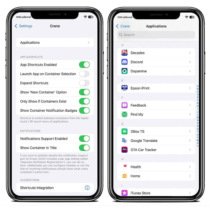 Two iPhone screens showing Crane tweak preference pane in the Settings app on iOS 15.