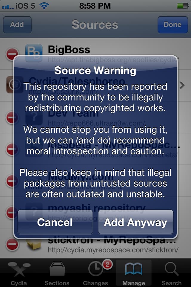 Cydia Source Warning pop-up.