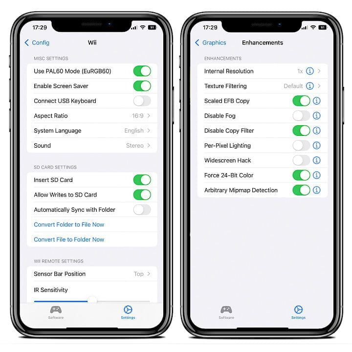 Two iPhone screens showing the DolphiniOS settings page with available options.