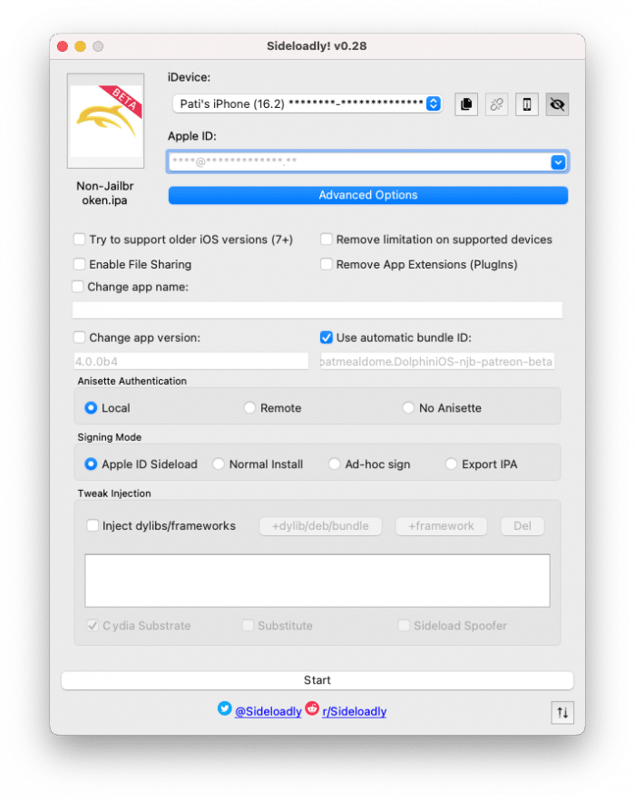 Screenshot of DolphiniOS IPA installation process with Sideloadly.