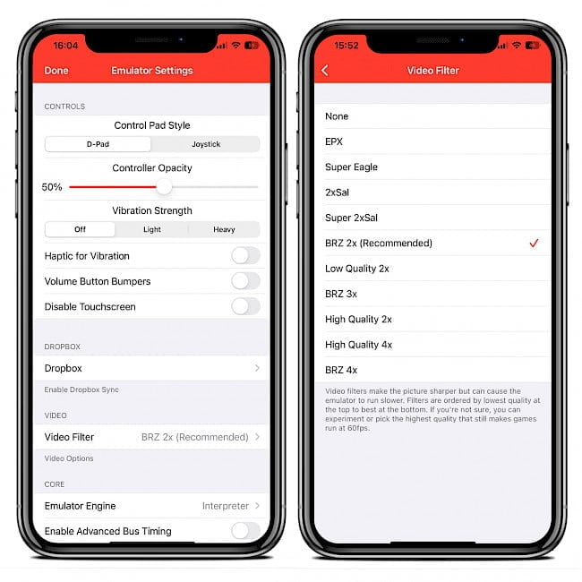 Two iPhone screens showing the iNDS for iOS Emulator Settings and Video filters.