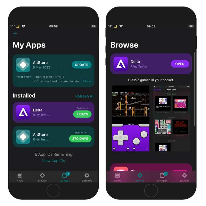 Two iPhone screens showing the Delta IPA installation process on iOS through AltStore.