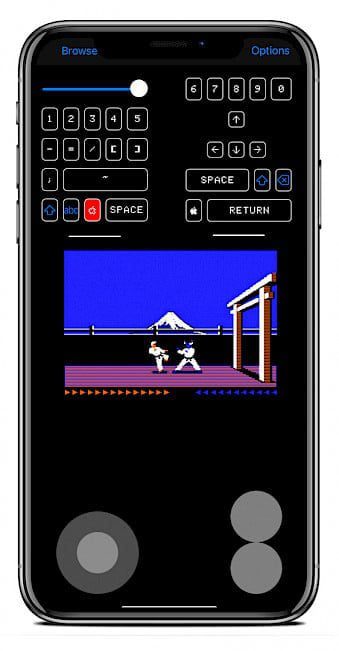 iPhone screen showing Karateka game running in ActiveGS emulator on iOS.