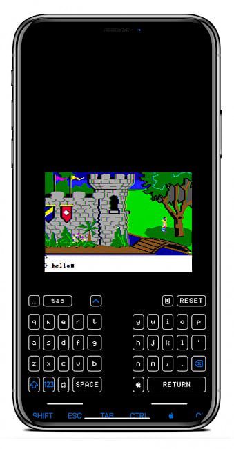 iPhone screen showing King's Quest game running in ActiveGS emulator on iOS.