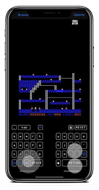 iPhone screen showing Lode Runner game running in ActiveGS emulator on iOS.