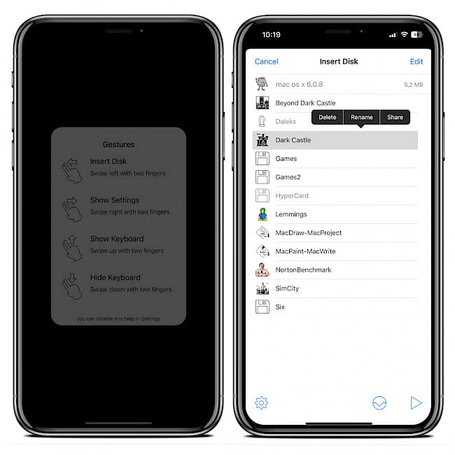 Two iPhone screens showing Mini vMac for iOS Gestures and Insert Disk options.