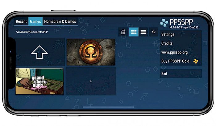 Screenshot of iPhone screen with PPSSPP for iOS with imported PSP games list.