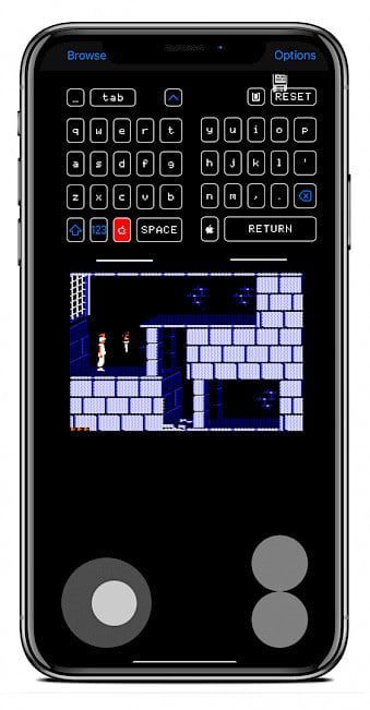 iPhone screen showing Prince of Persia running in ActiveGS emulator on iOS.