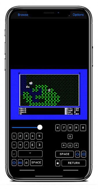 iPhone screen showing Ultima 1 game running in ActiveGS emulator on iOS.