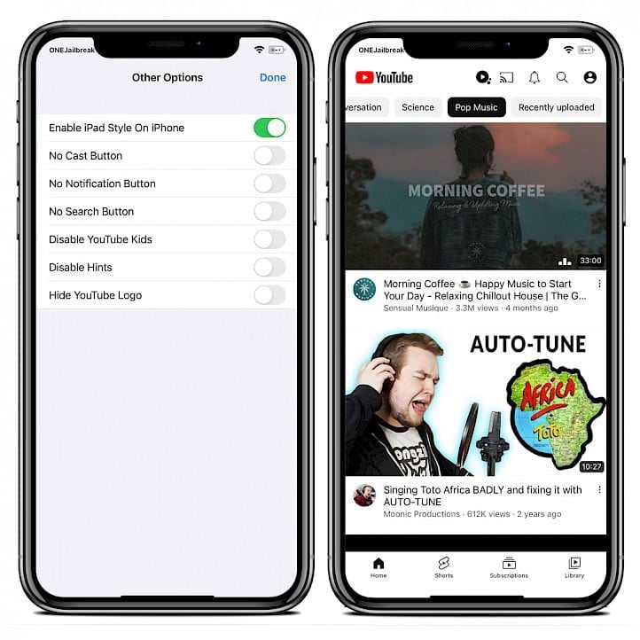 Two iPhone screens showing YouTube Reborn on iOS.