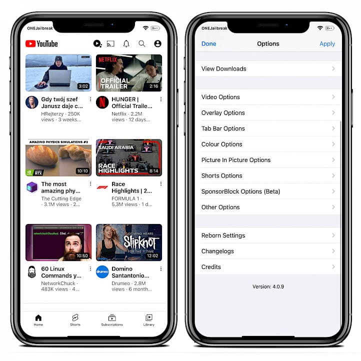 Two iPhone screens showing YouTube Reborn tweak on iOS 15.