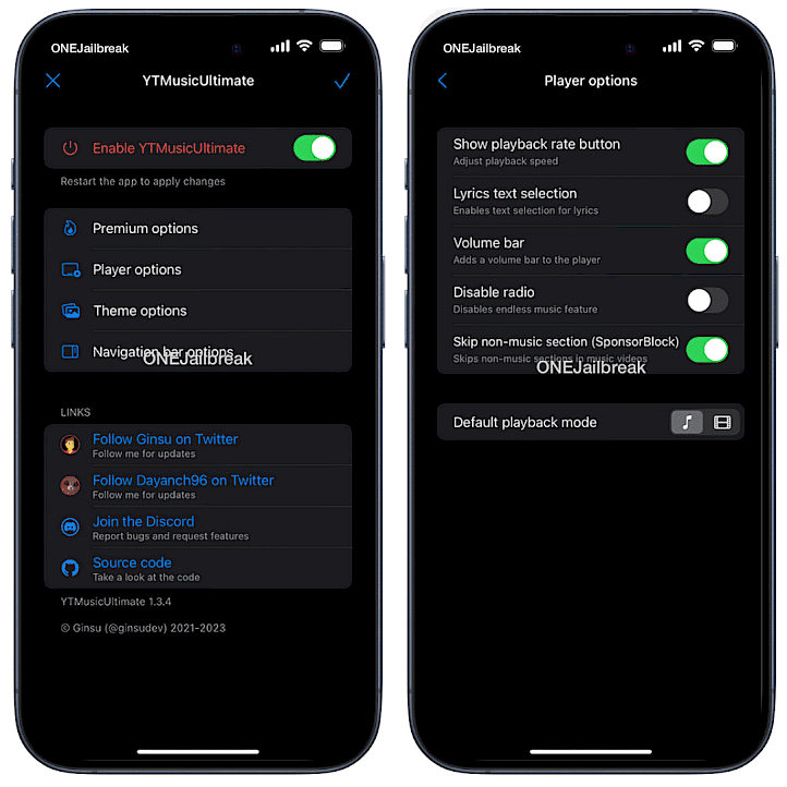 YTMusicUltimate tweak settings screenshot.