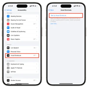 Setting up Vocal Shortcuts in iPhone accessibility settings