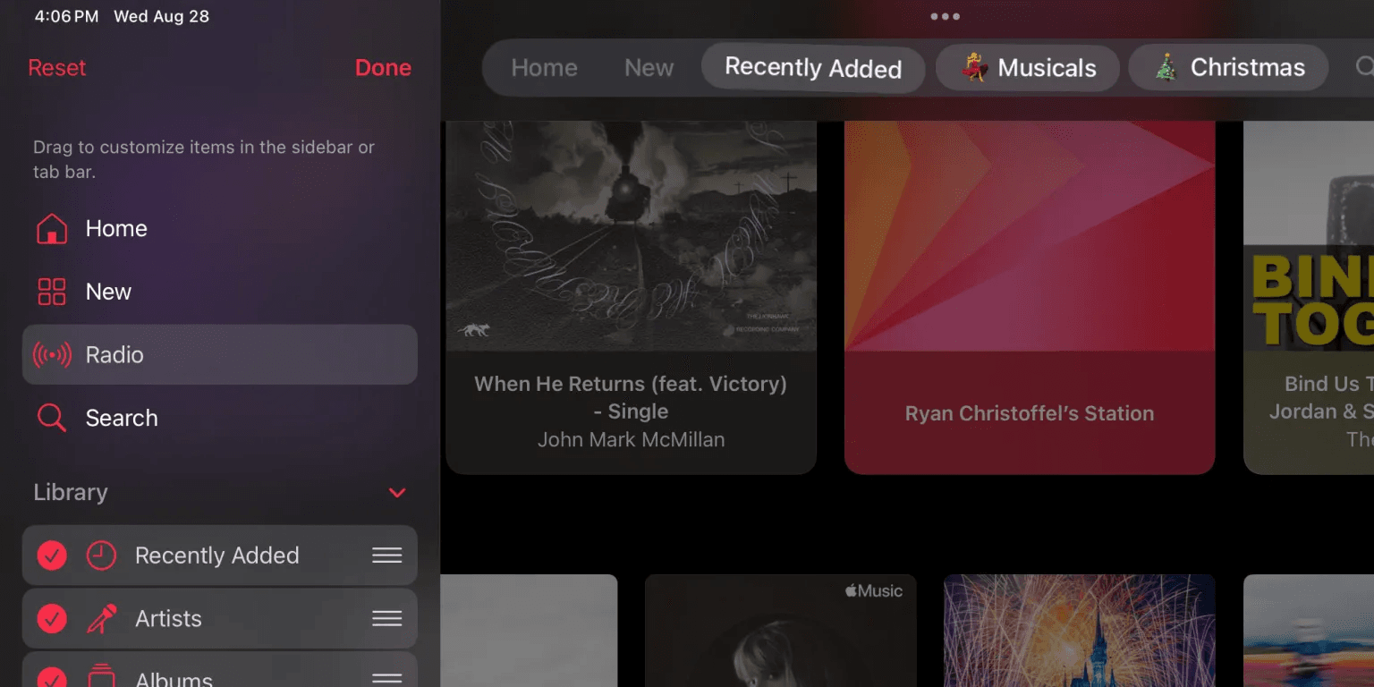 music app customize tab bar ipados 18